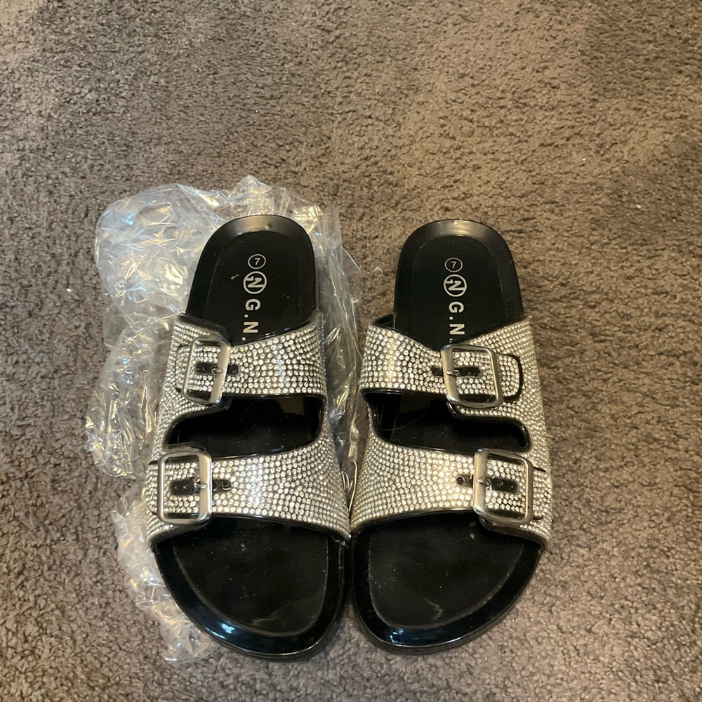 Silver Rhinestone Buckle Sandals Size 7